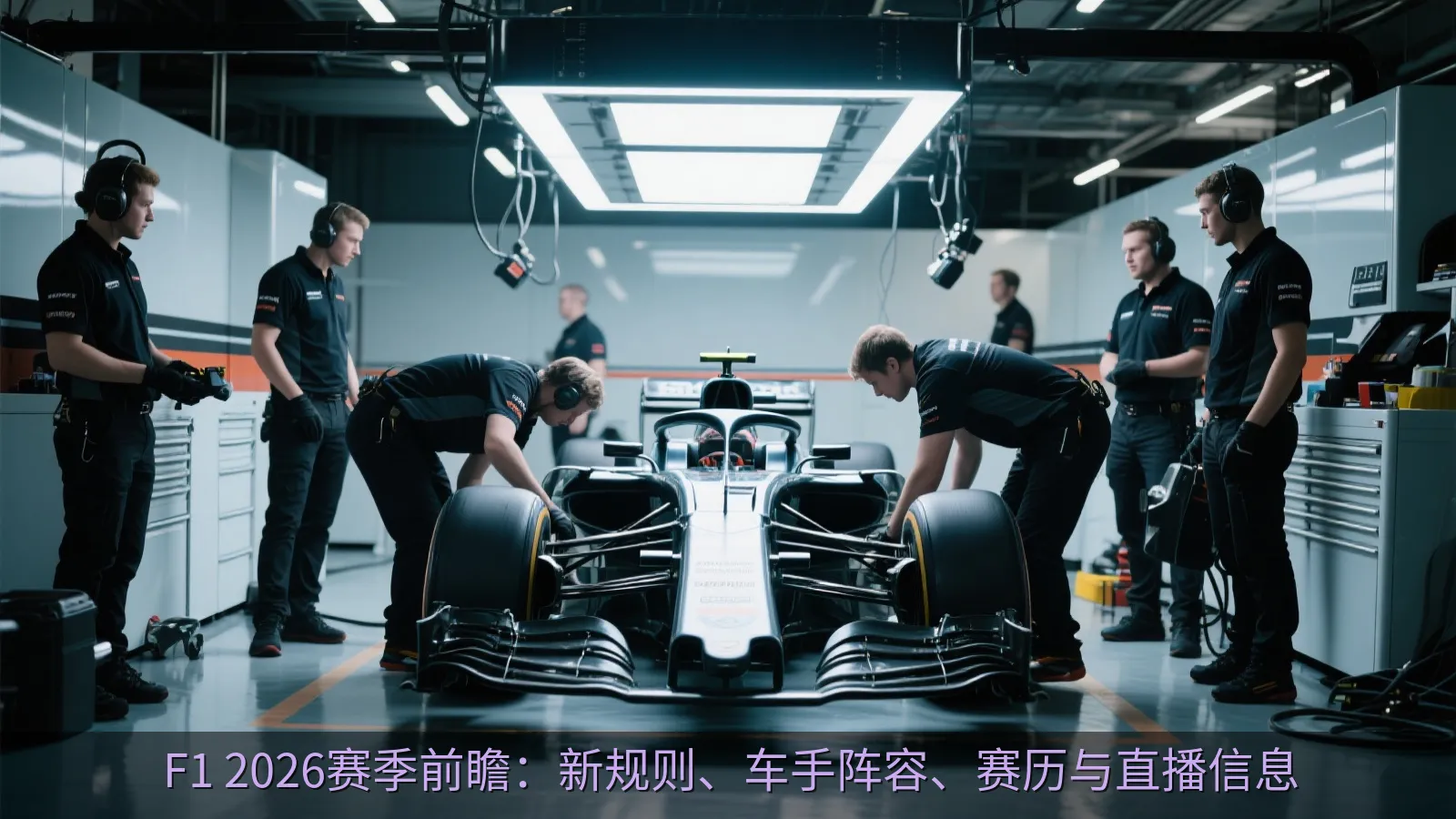 方程式赛车维修区内的技师与赛车